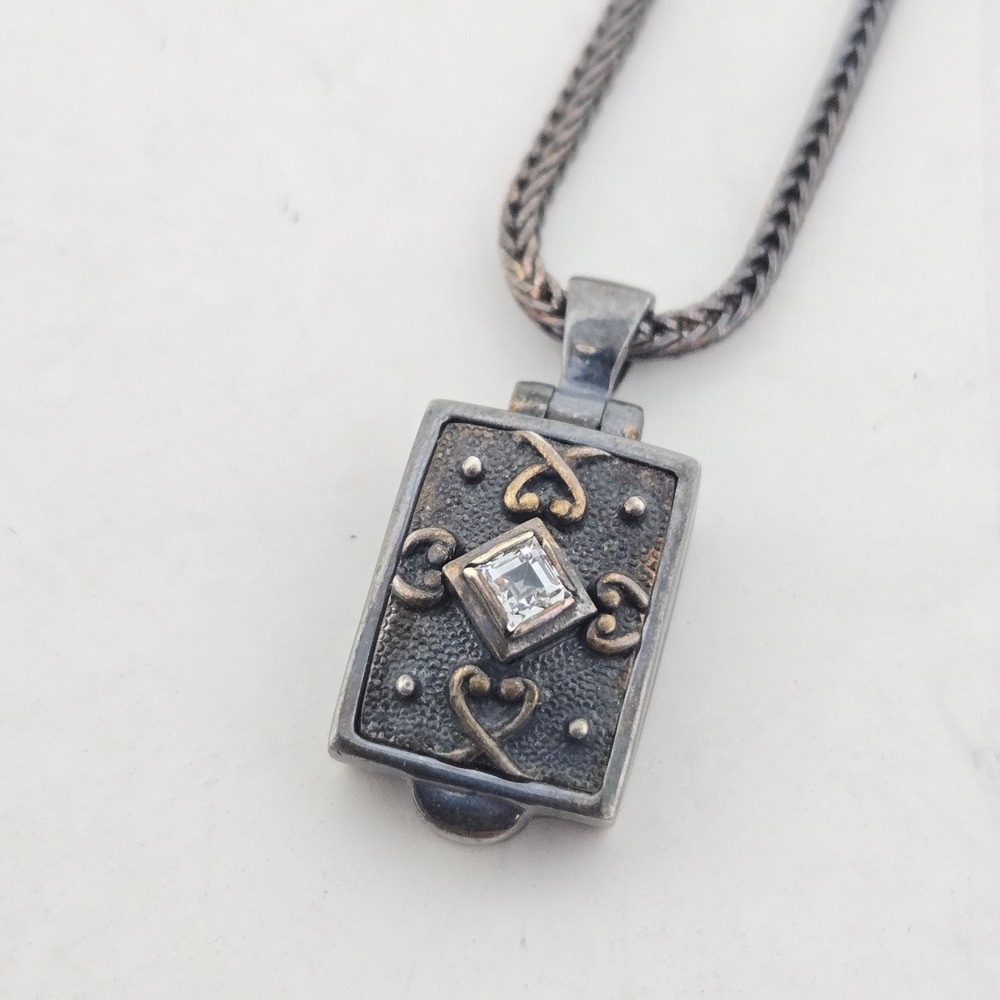 Anatoli‎ Sterling Silver 14k Gold Locket Necklace Princess Cut Stone 16" Chain